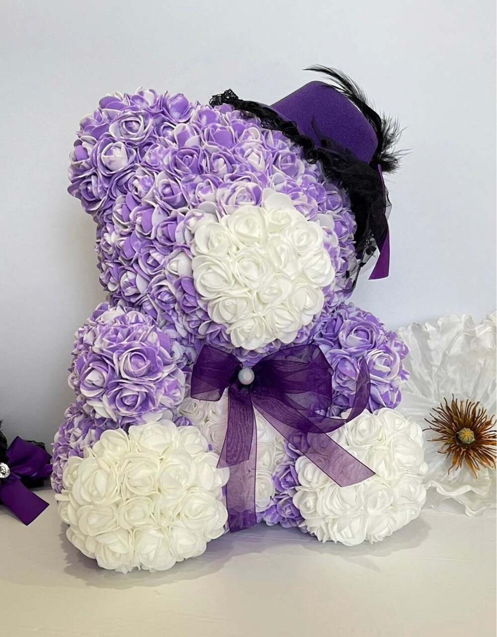 Large Adorable Rose Bear With Purple Hat